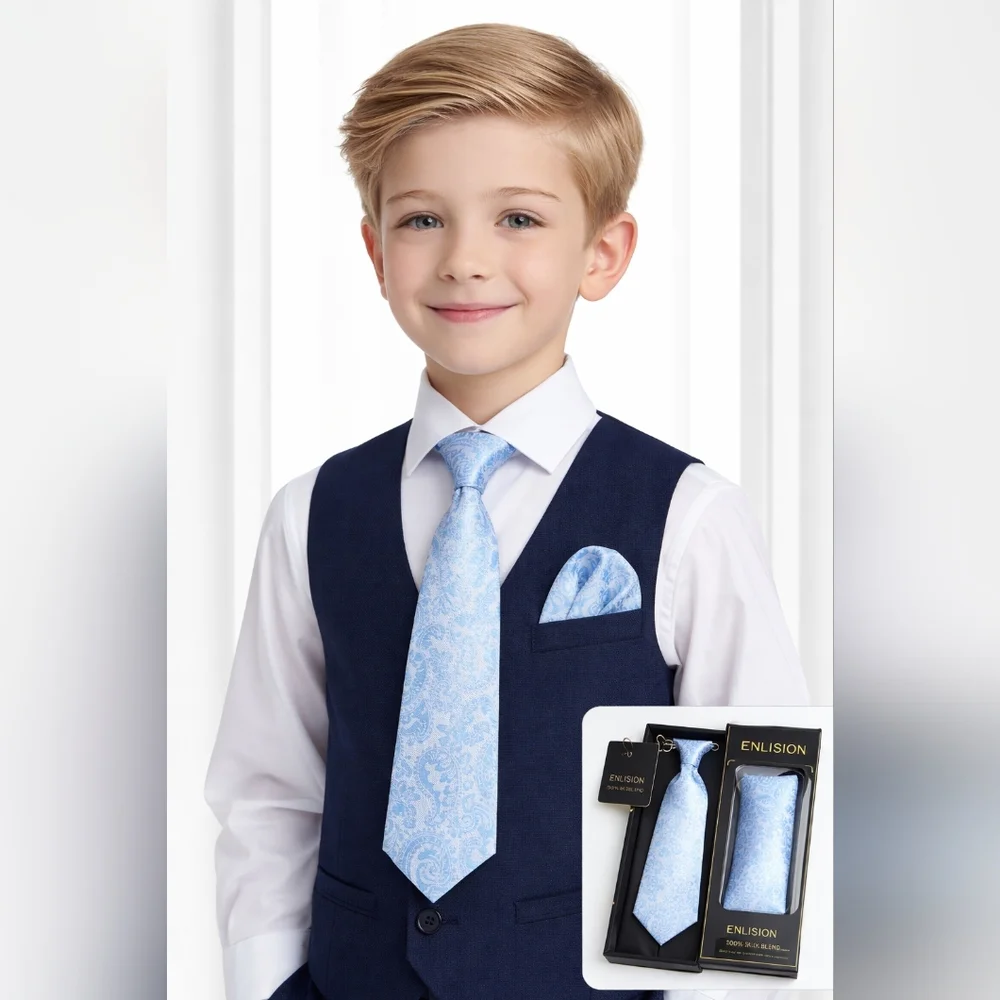 Boys Light Blue Paisley Pre-Tied Necktie Pocket Square Set Adjustable Ages 8-12